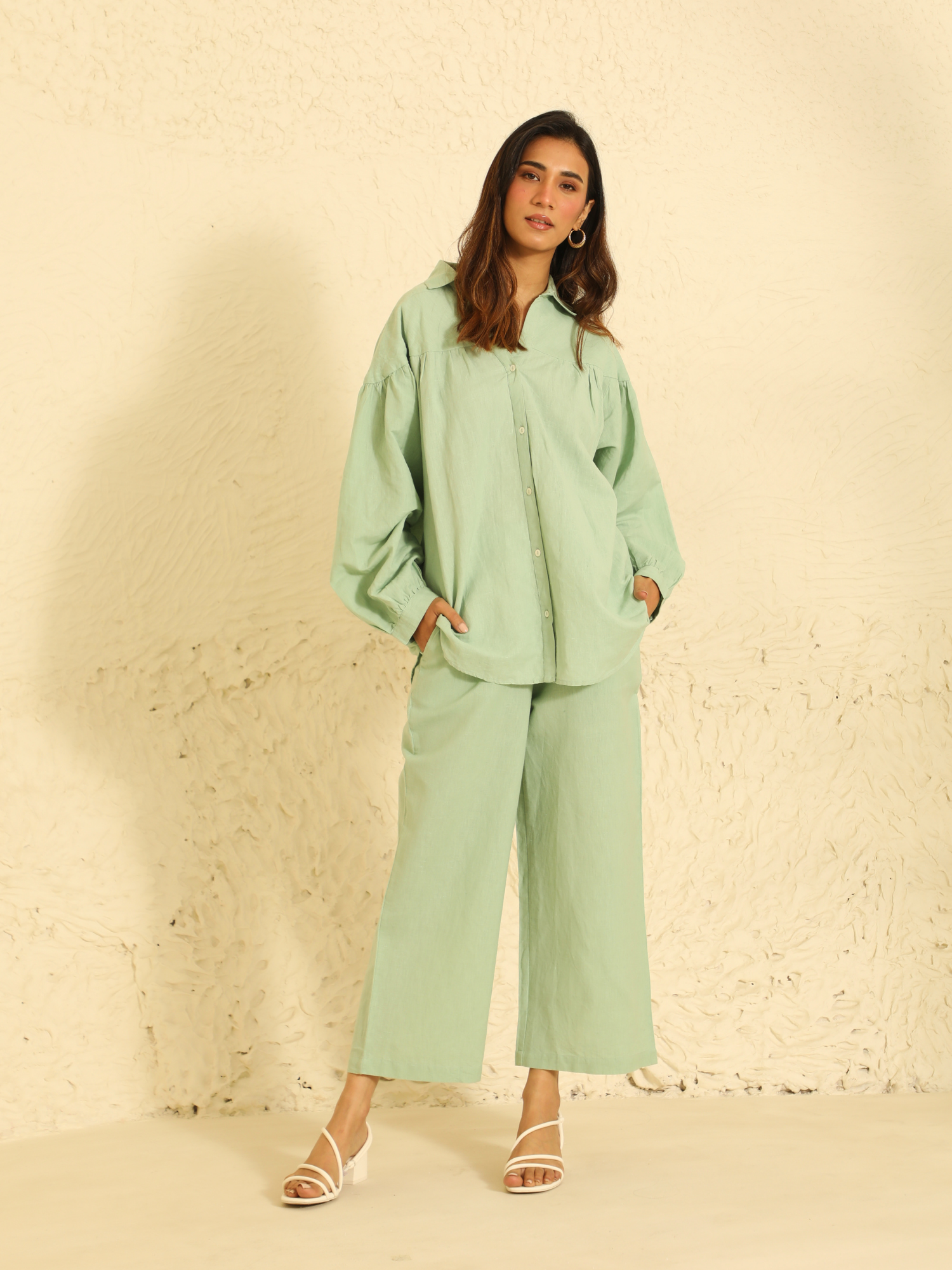 Pista Green Linen Blend Co-ord Set with Satin Finish