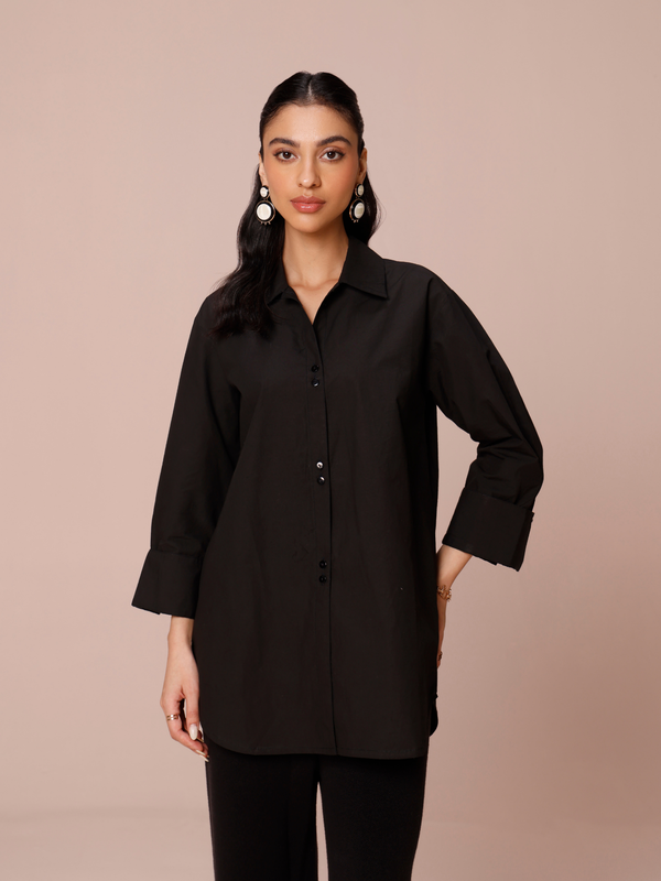 Poplin Long Shirt with Cuff Detail in Charcoal