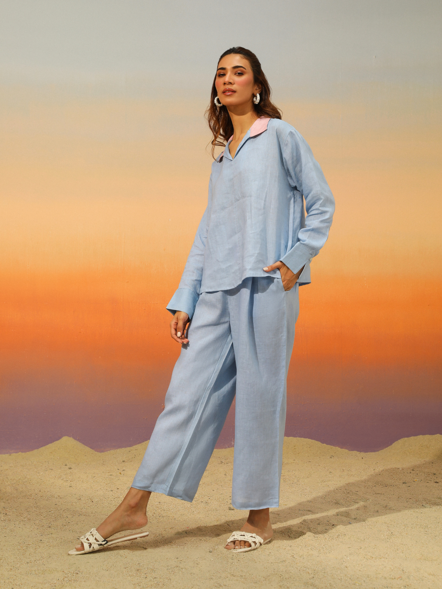 Barfi Pure Linen Co-ord Set in Powder Blue