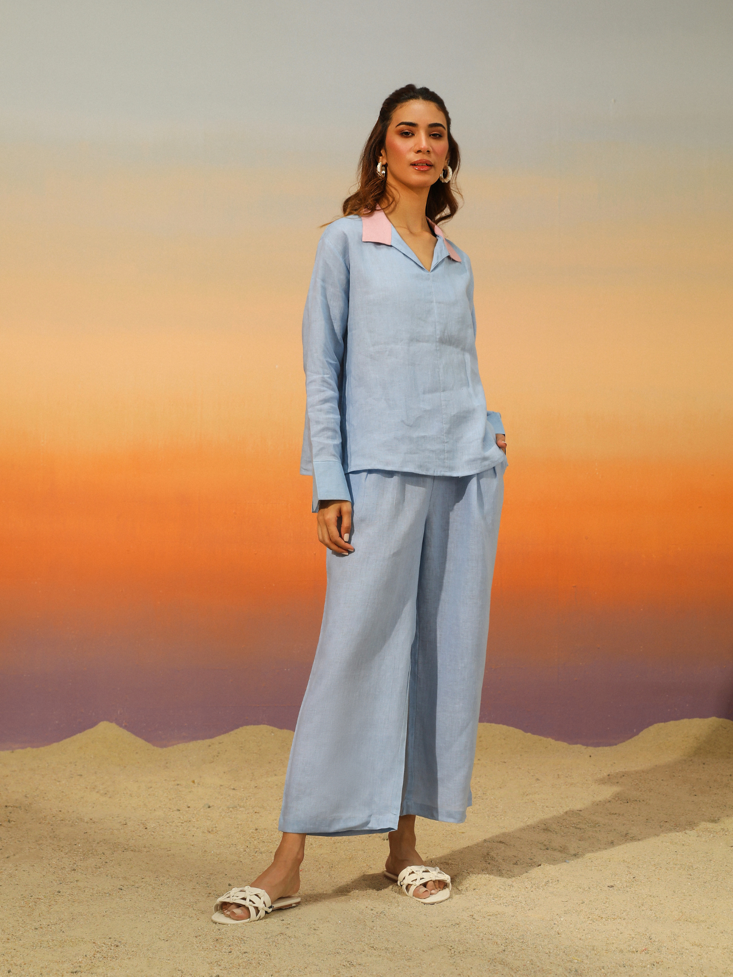 Barfi Pure Linen Co-ord Set in Powder Blue