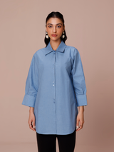 Poplin Long Shirt with Cuff Detail in Denim Blue