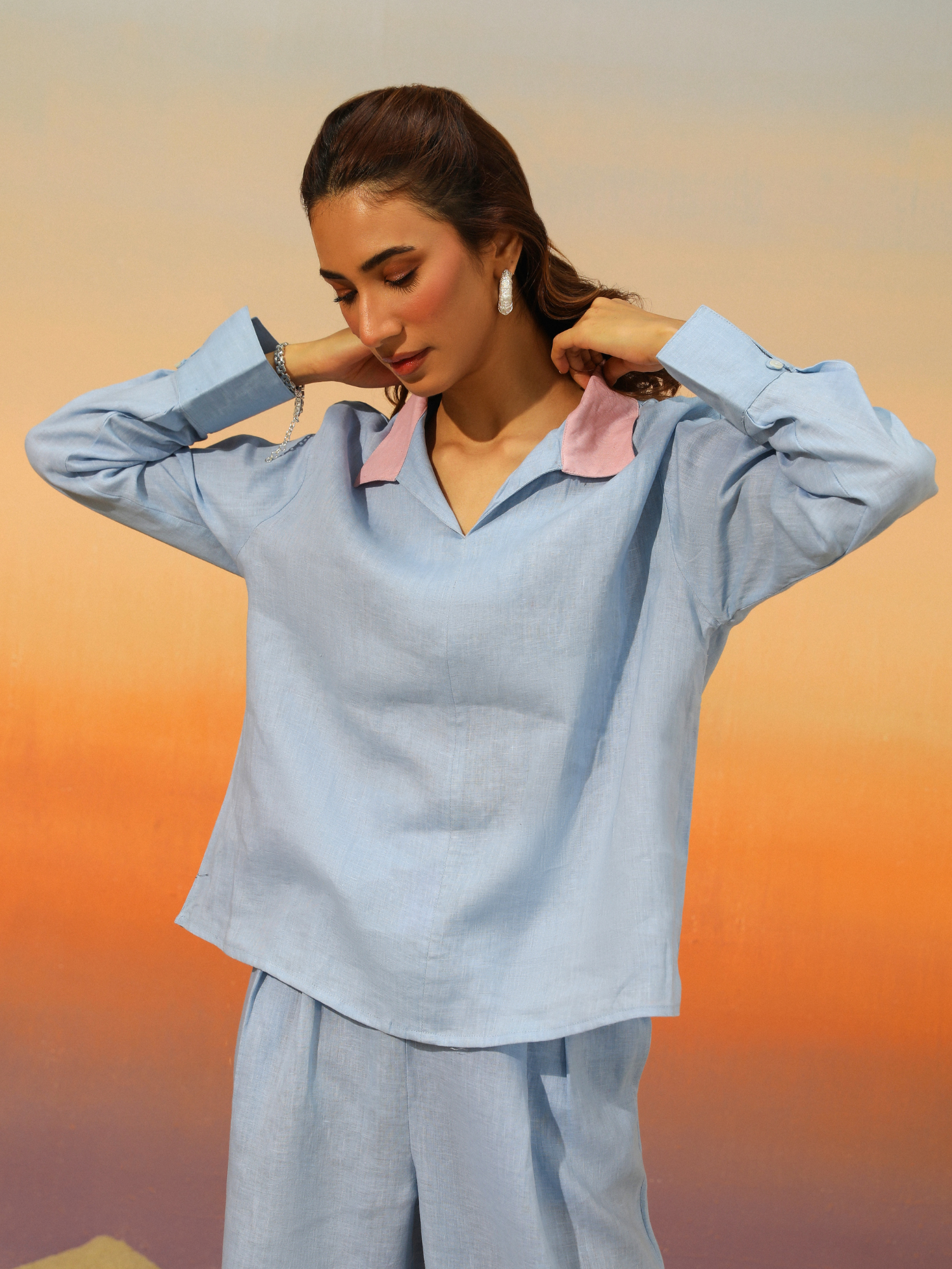 Barfi Pure Linen Co-ord Set in Powder Blue