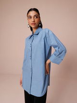 Poplin Long Shirt with Cuff Detail in Denim Blue