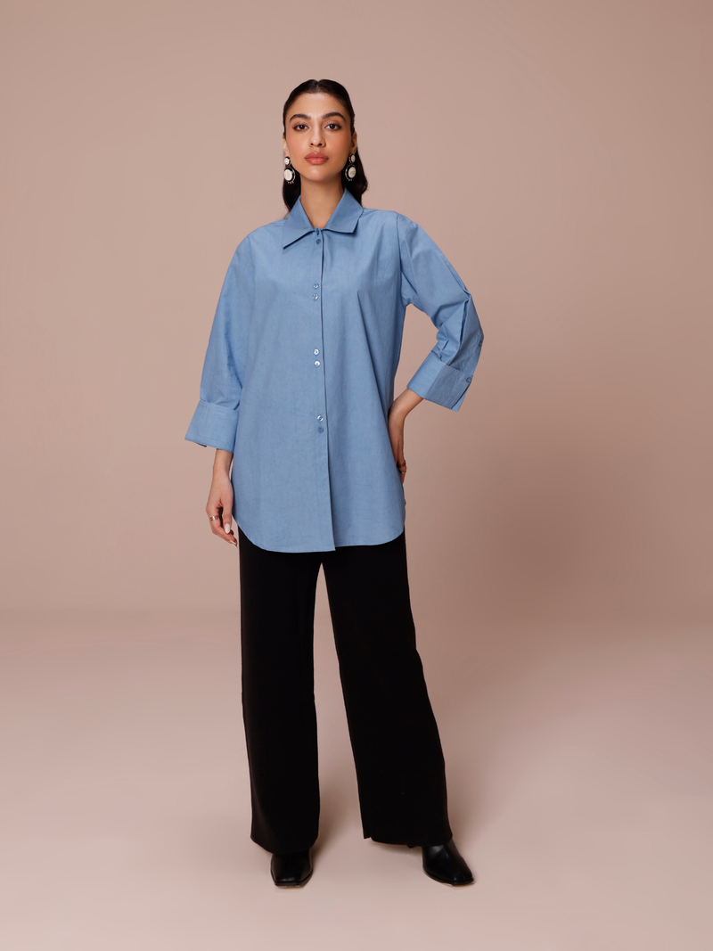 Poplin Long Shirt with Cuff Detail in Denim Blue