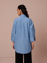 Poplin Long Shirt with Cuff Detail in Denim Blue