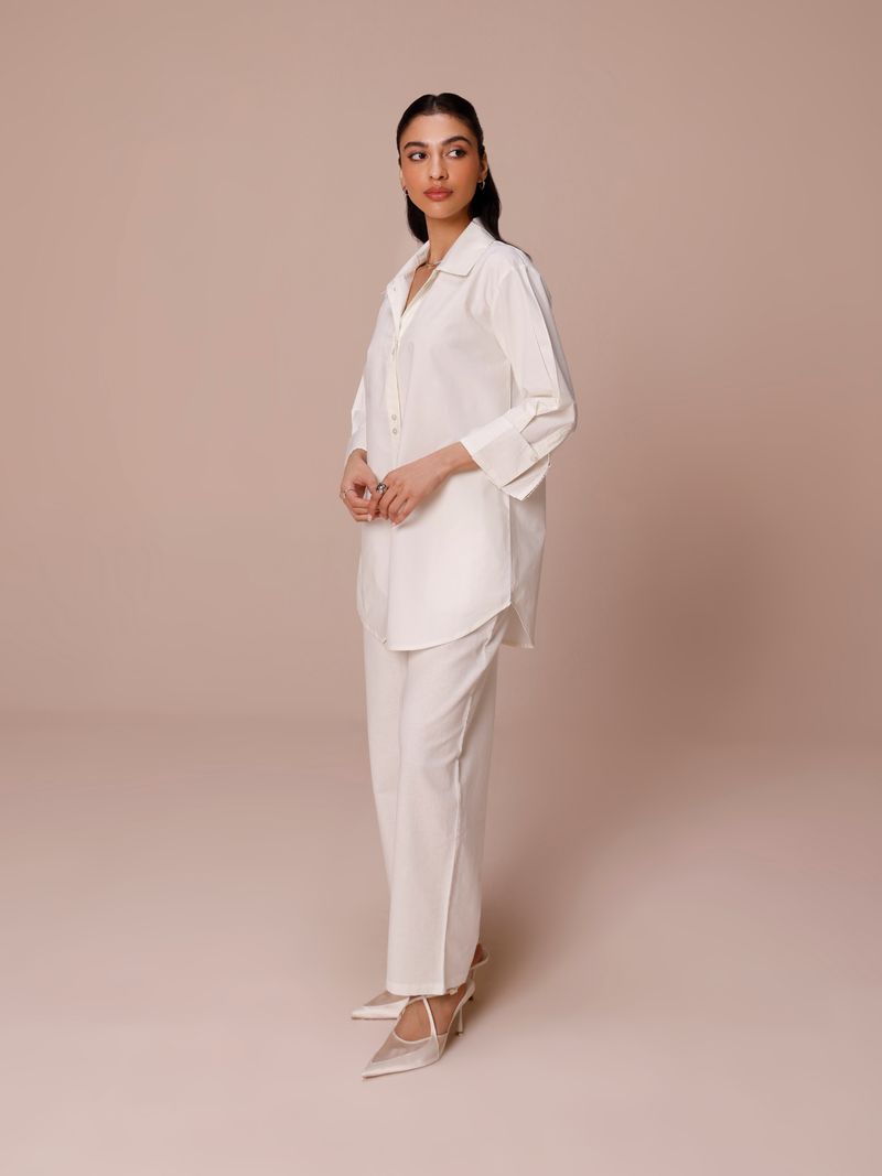 Poplin Long Shirt with Cuff Detail in Cream