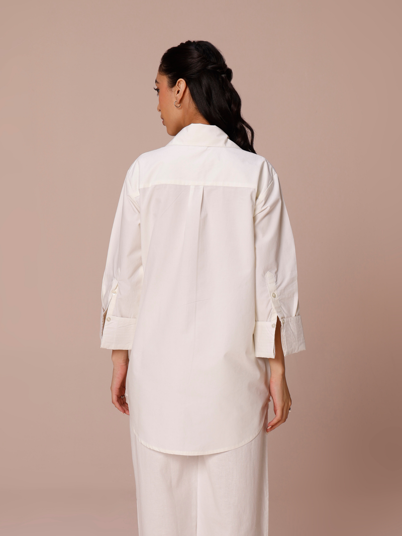 Poplin Long Shirt with Cuff Detail in Cream