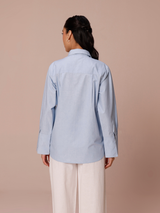 Poplin Shirt with Color Block Cuff in Powder Blue & Vanilla