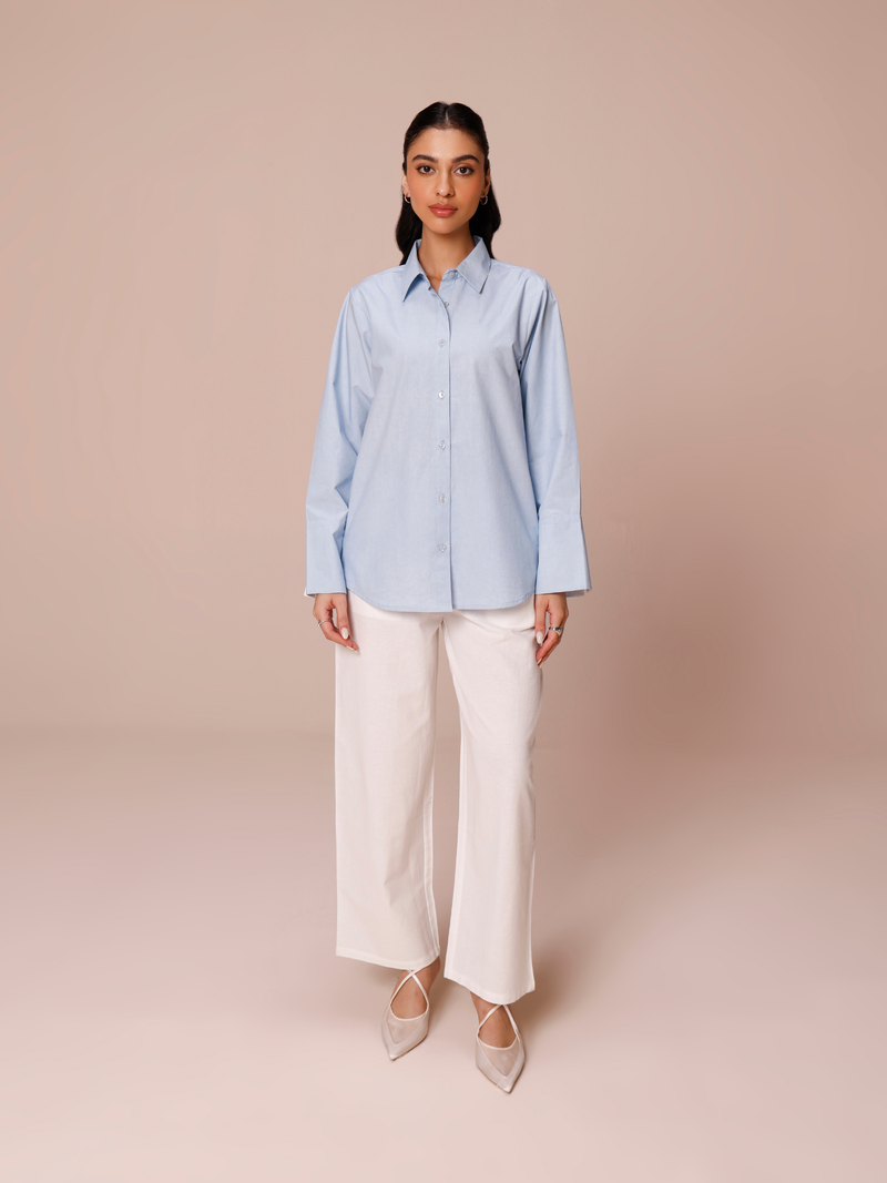 Poplin Shirt with Color Block Cuff in Powder Blue & Vanilla