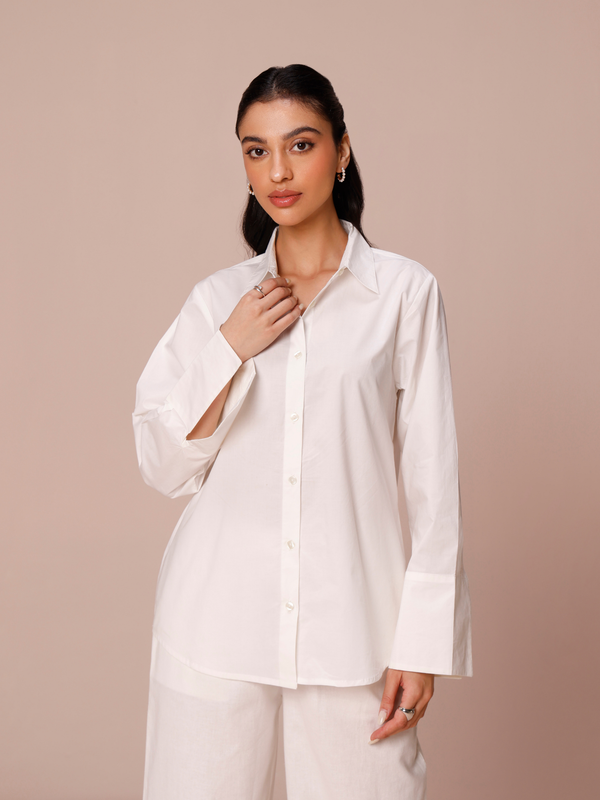 Poplin Shirt with Color Block Cuff in Vanilla & Cream