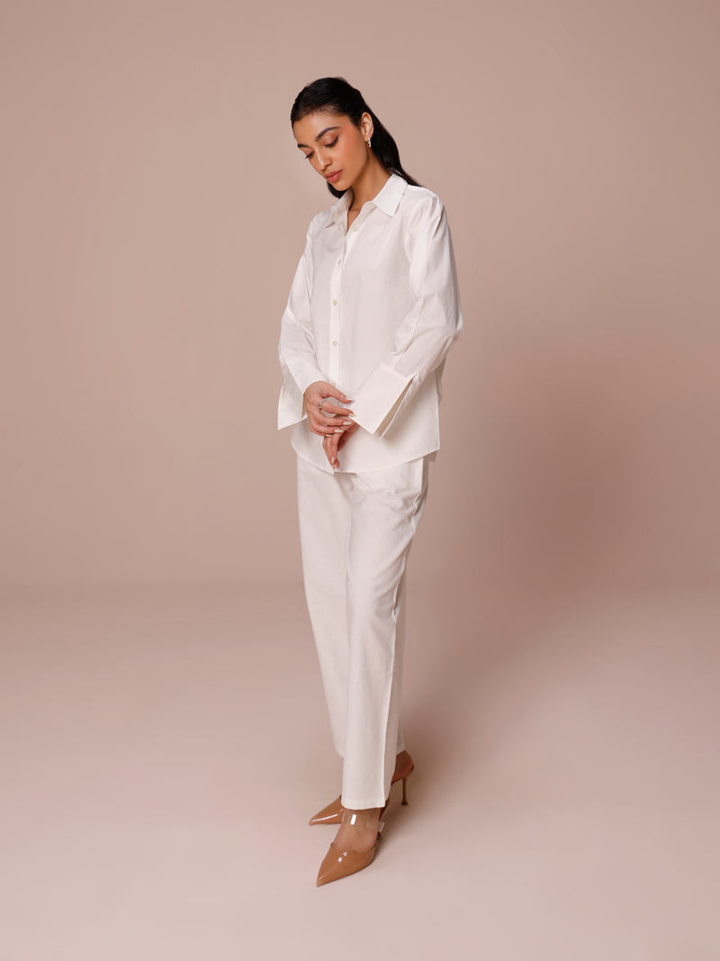 Poplin Shirt with Color Block Cuff in Vanilla & Cream