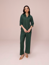 Linen Blend Relaxed Fit Co-ord Set in Forest Green