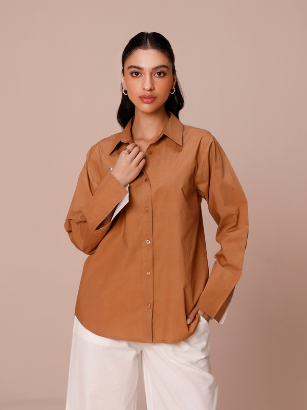 Poplin Shirt with Color Block Cuff in Mocha & Vanilla