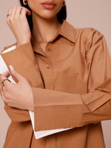 Poplin Shirt with Color Block Cuff in Mocha & Vanilla