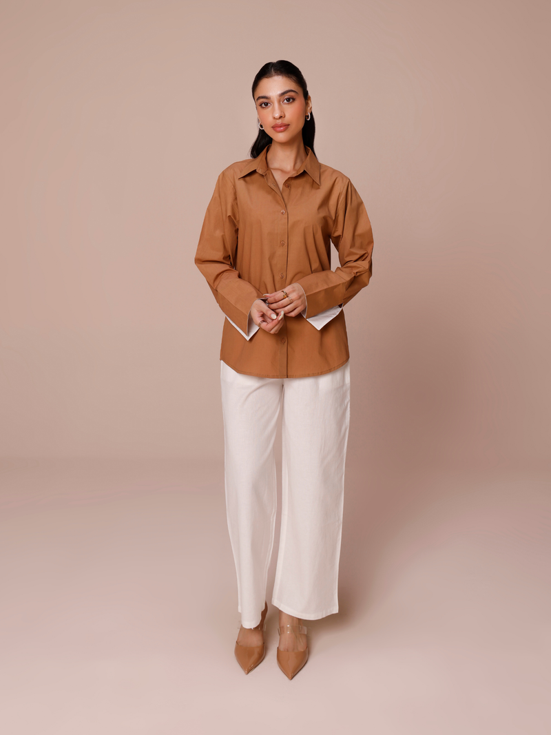 Poplin Shirt with Color Block Cuff in Mocha & Vanilla