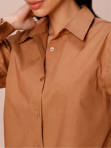 Poplin Shirt with Color Block Cuff in Mocha & Vanilla