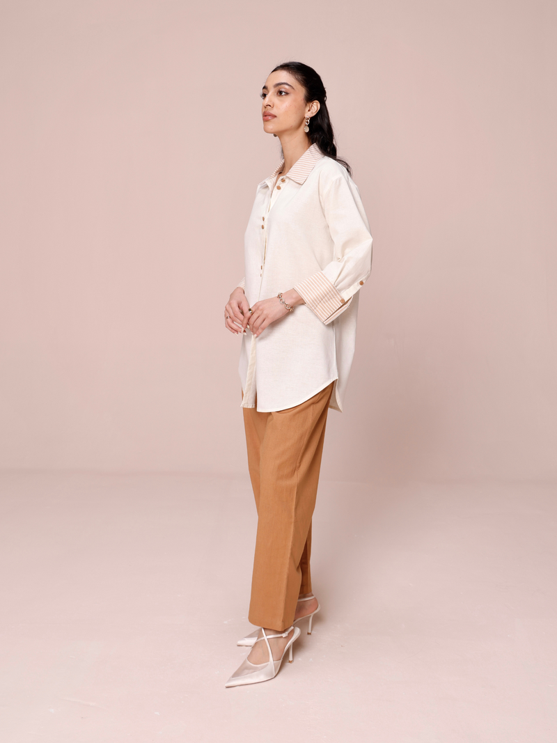 Linen Blend Shirt with Striped Detail in Vanilla & Cream