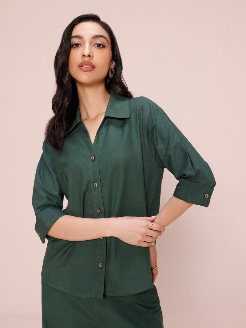 Linen Blend Relaxed Fit Co-ord Set in Forest Green