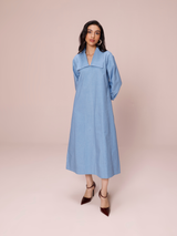 Poplin Panelled A-line Maxi Dress in Denim Blue