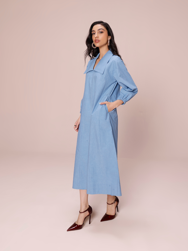 Poplin Panelled A-line Maxi Dress in Denim Blue