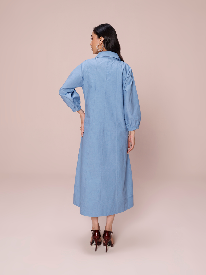 Poplin Panelled A-line Maxi Dress in Denim Blue