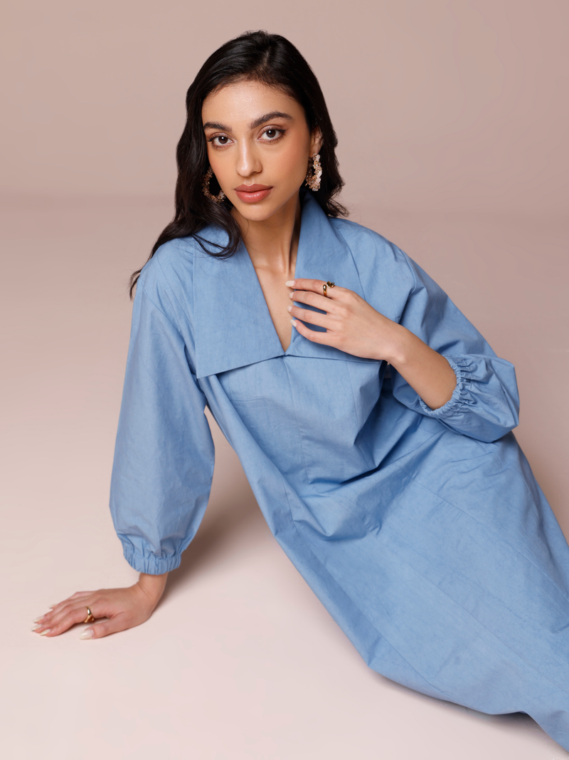 Poplin Panelled A-line Maxi Dress in Denim Blue