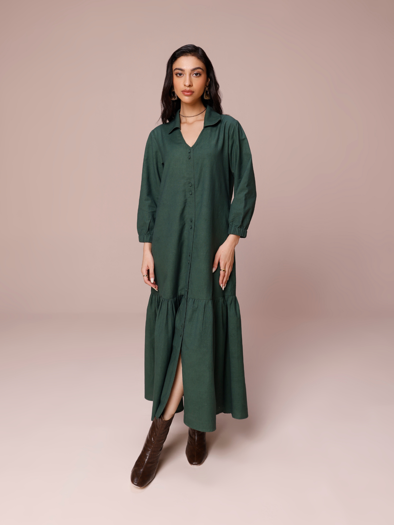 Linen Blend Maxi Tiered Dress in Forest Green