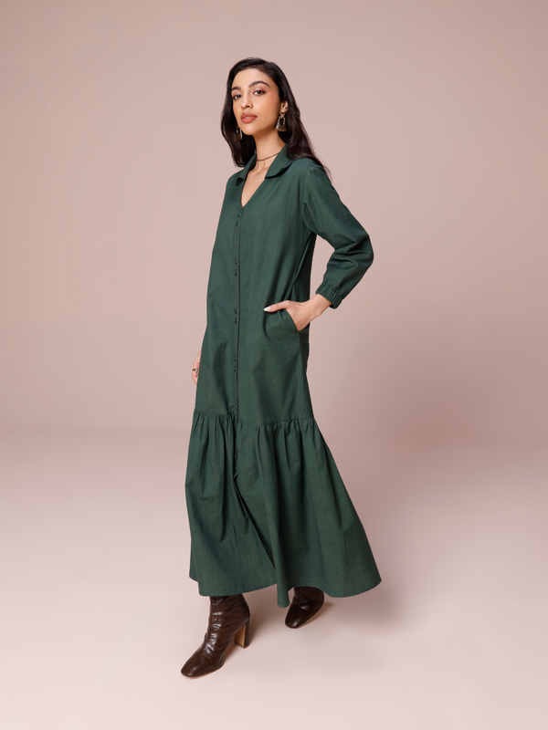 Linen Blend Maxi Tiered Dress in Forest Green