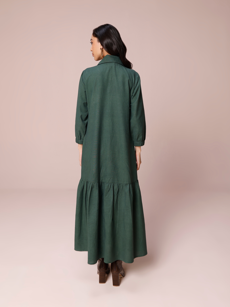 Linen Blend Maxi Tiered Dress in Forest Green