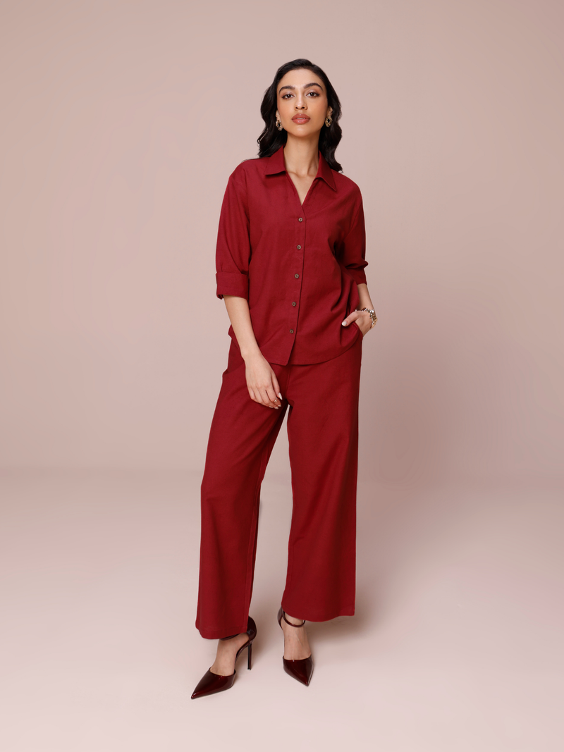 Linen Blend Relaxed Fit Co-ord Set in Maroon