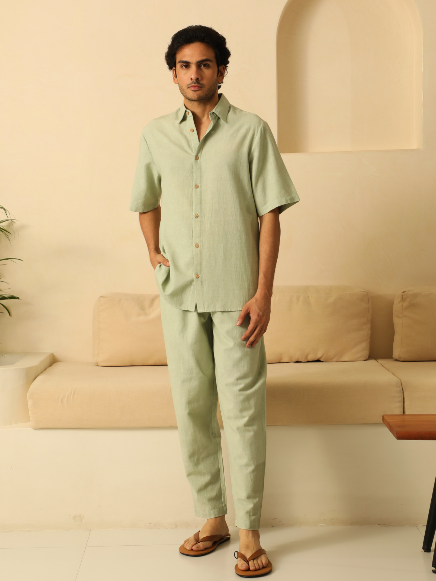 Mens Pure Cotton Linen Pants in Sage Green