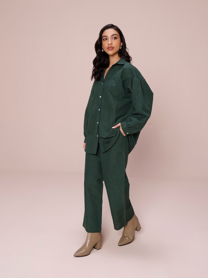 Premium Linen Co-ord Set in Forest Green