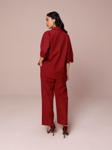 Linen Blend Relaxed Fit Co-ord Set in Maroon