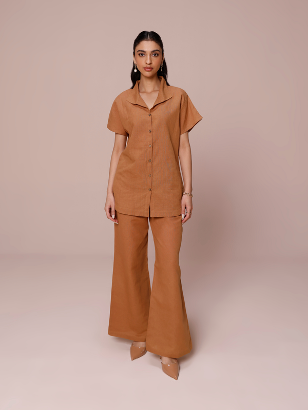 Linen Co-ord Set with Panelled Shirt & Flared Pants in Mocha