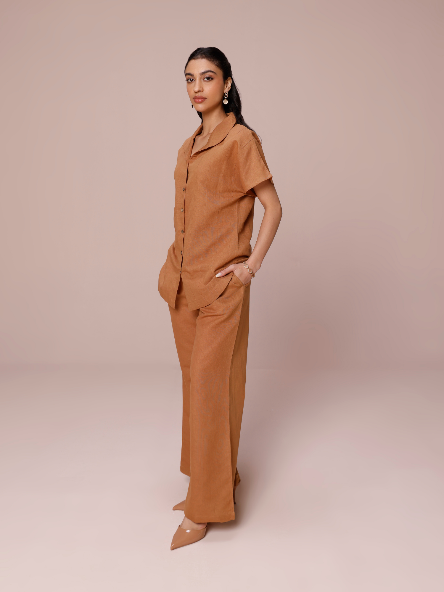 Linen Co-ord Set with Panelled Shirt & Flared Pants in Mocha