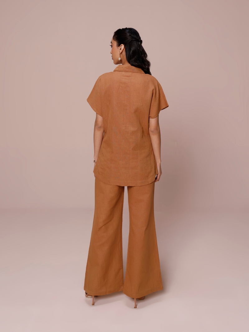 Linen Co-ord Set with Panelled Shirt & Flared Pants in Mocha