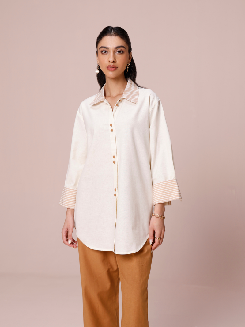 Linen Blend Shirt with Striped Detail in Vanilla & Cream