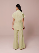 Linen Co-ord Set with Panelled Shirt & Flared Pants in Matcha