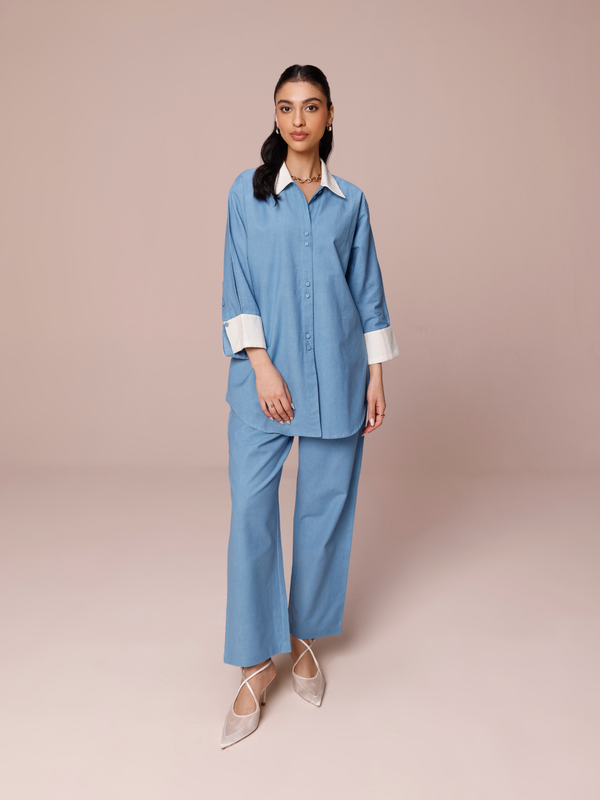 Linen Blend Color Block Co-ord Set in Denim Blue & Cream