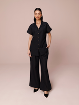 Linen Co-ord Set with Panelled Shirt & Flared Pants in Charcoal