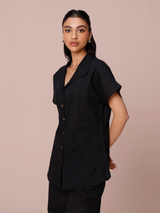 Linen Co-ord Set with Panelled Shirt & Flared Pants in Charcoal