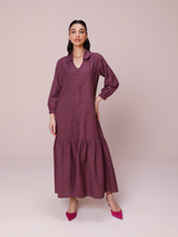 Linen Blend Maxi Tiered Dress in Plum