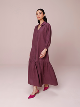 Linen Blend Maxi Tiered Dress in Plum