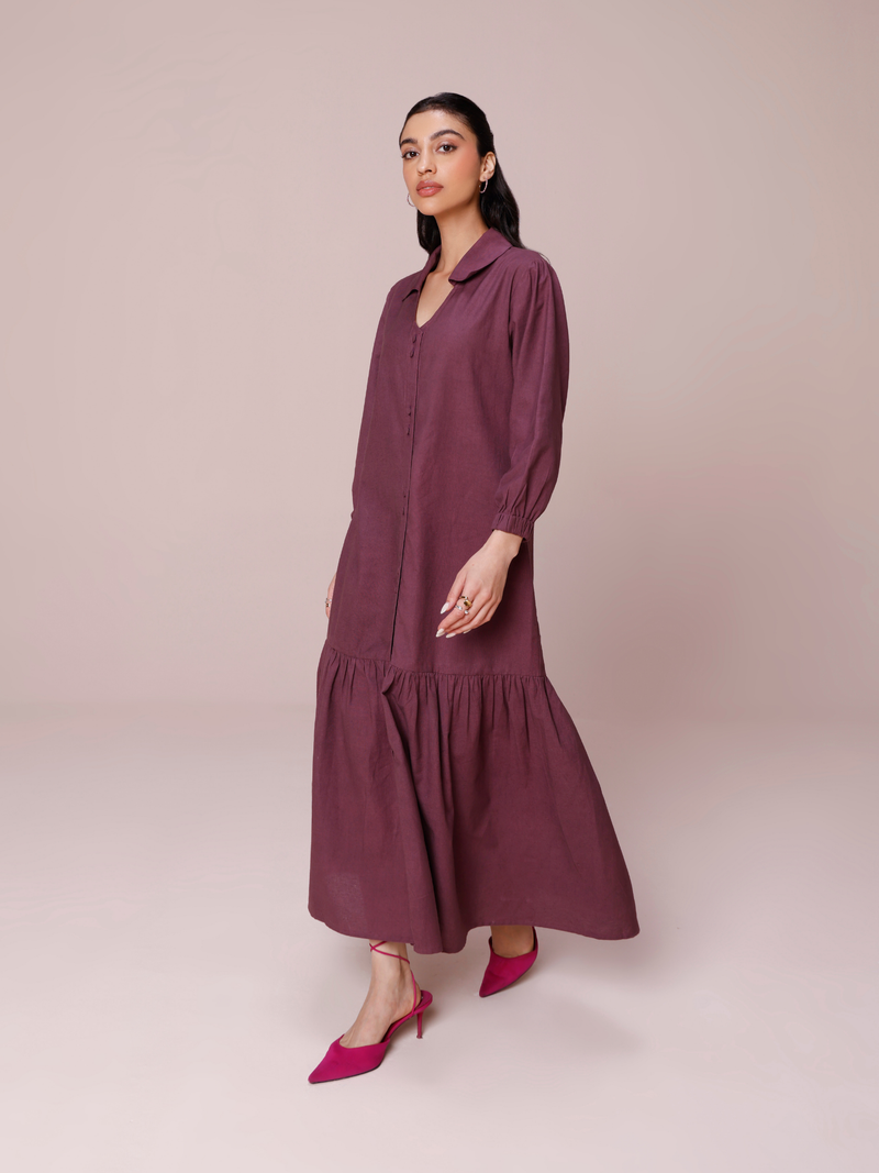 Linen Blend Maxi Tiered Dress in Plum