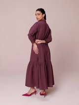 Linen Blend Maxi Tiered Dress in Plum