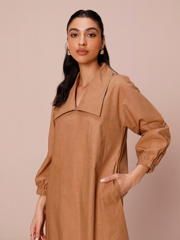 Poplin Panelled A-line Maxi Dress in Mocha