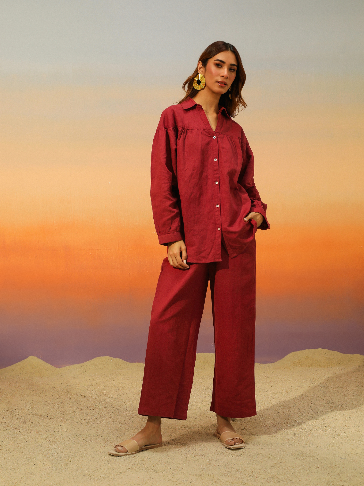 Premium Linen Co-ord Set in Maroon