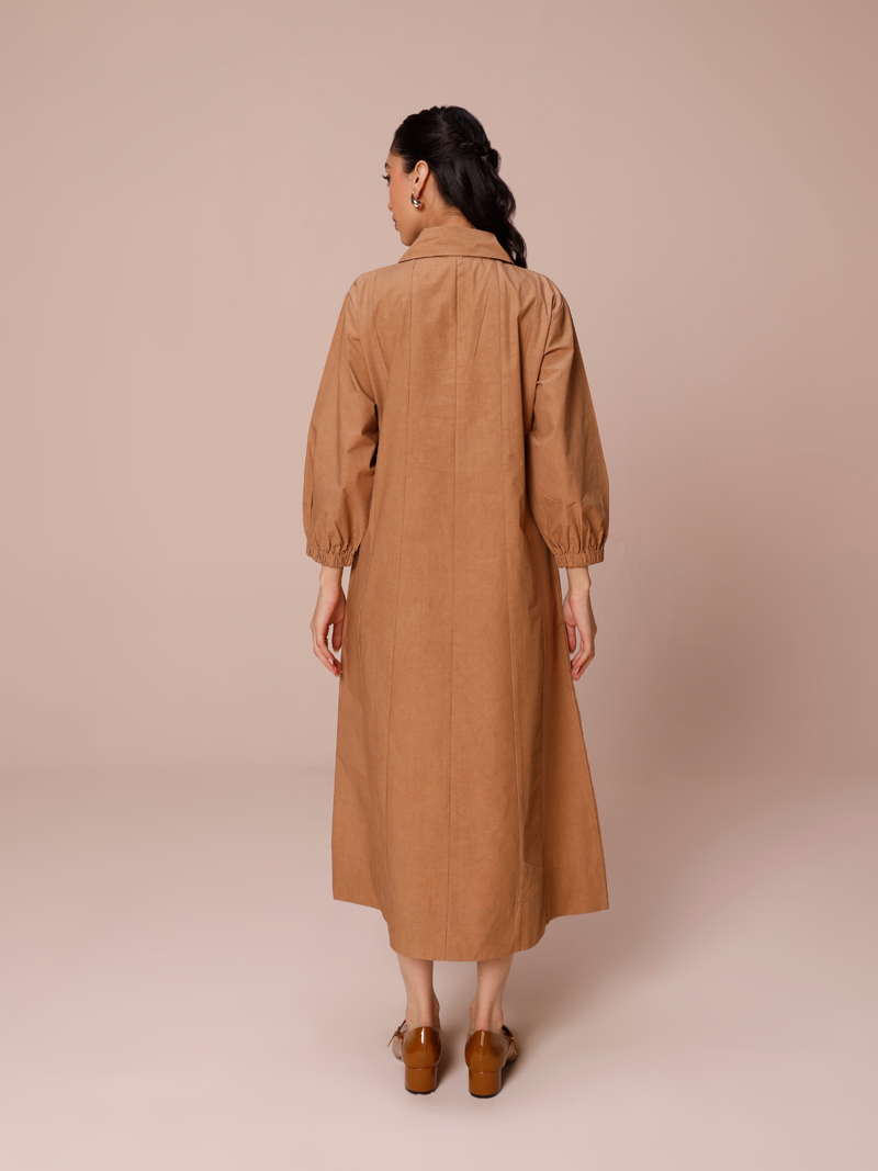 Poplin Panelled A-line Maxi Dress in Mocha