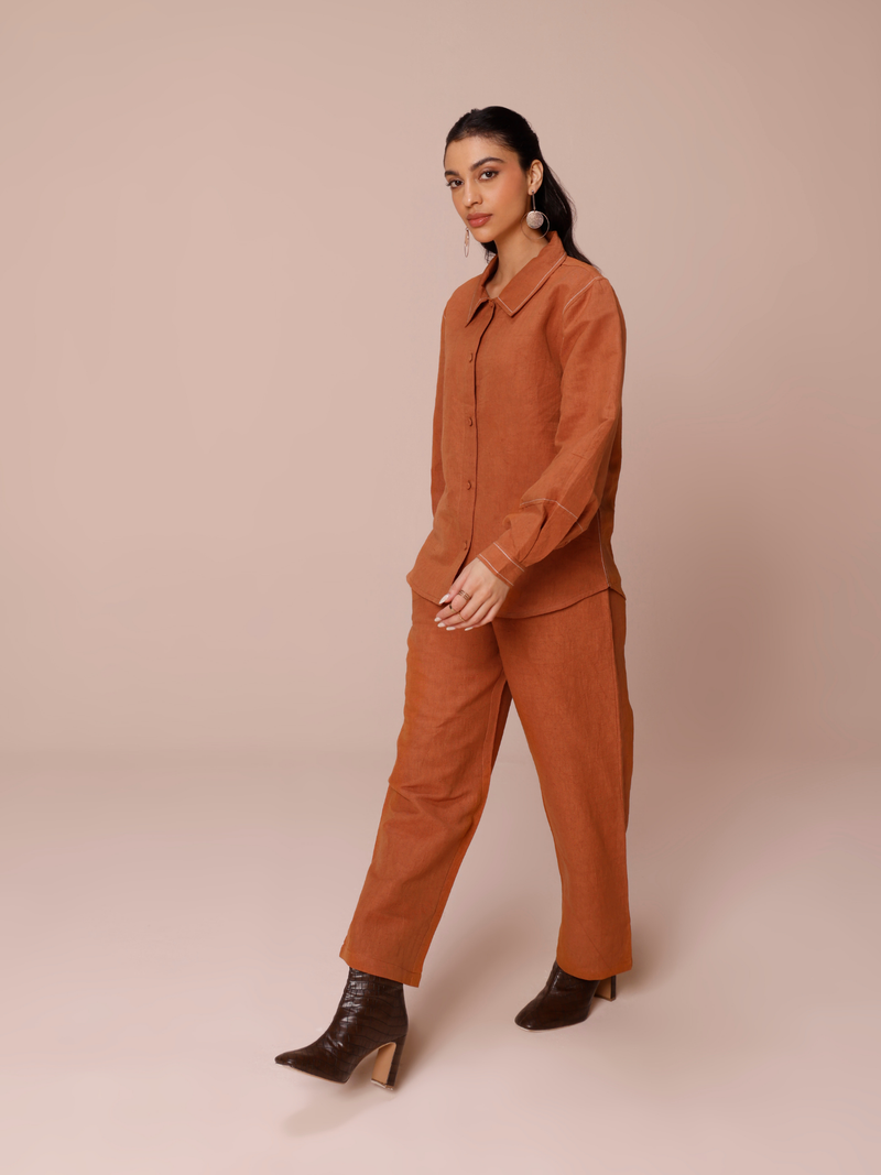 Tailored Premium Linen Co-ord Set in Maple Brown