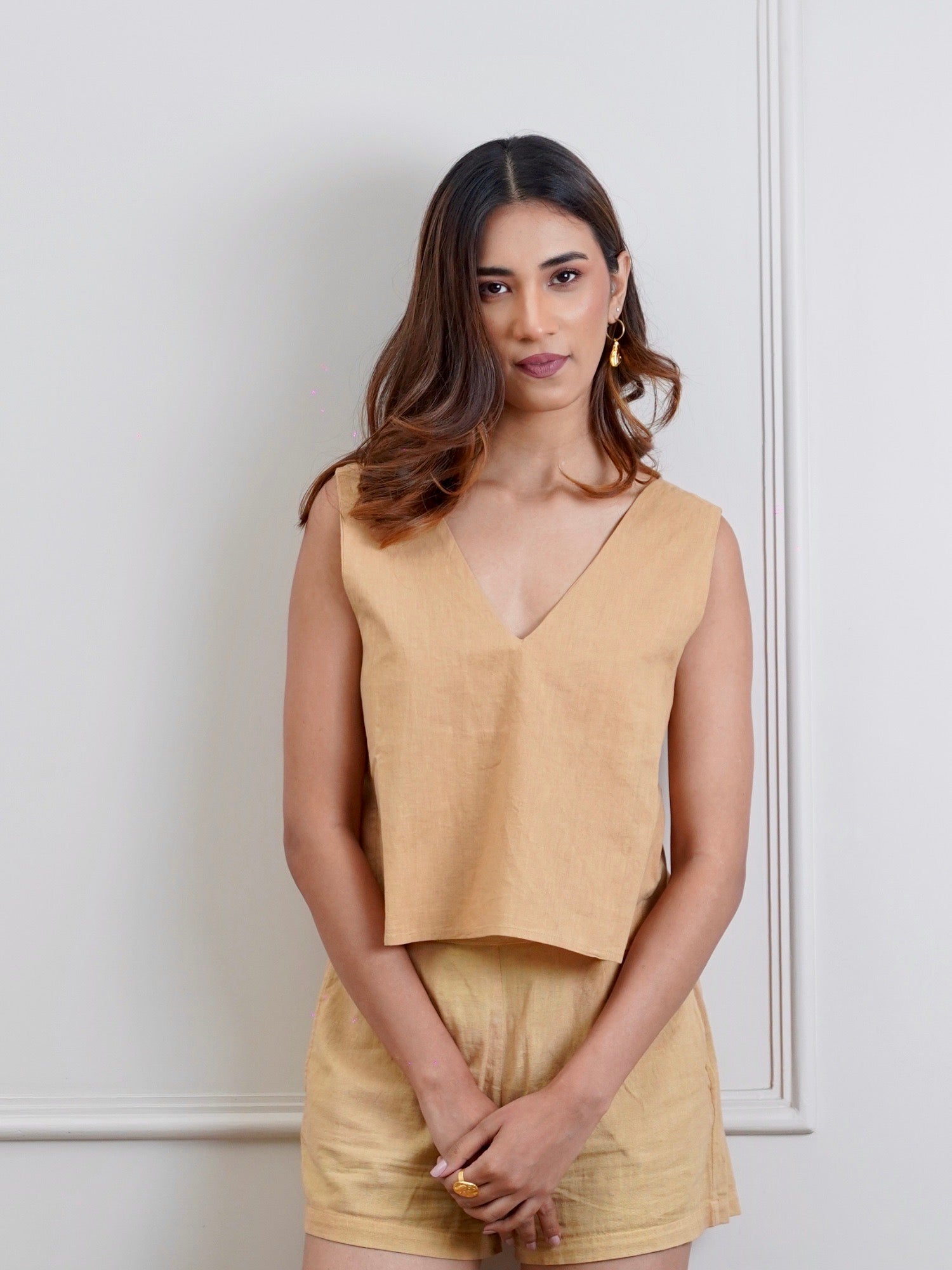 Rachel Cross Back Top with Shorts in Caramel